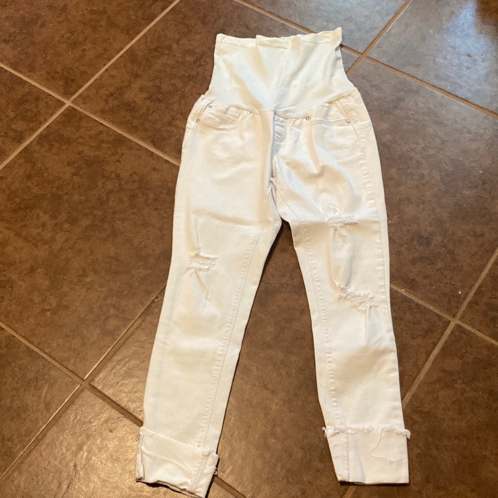 White Straight Leg Jeans with Distressed Details